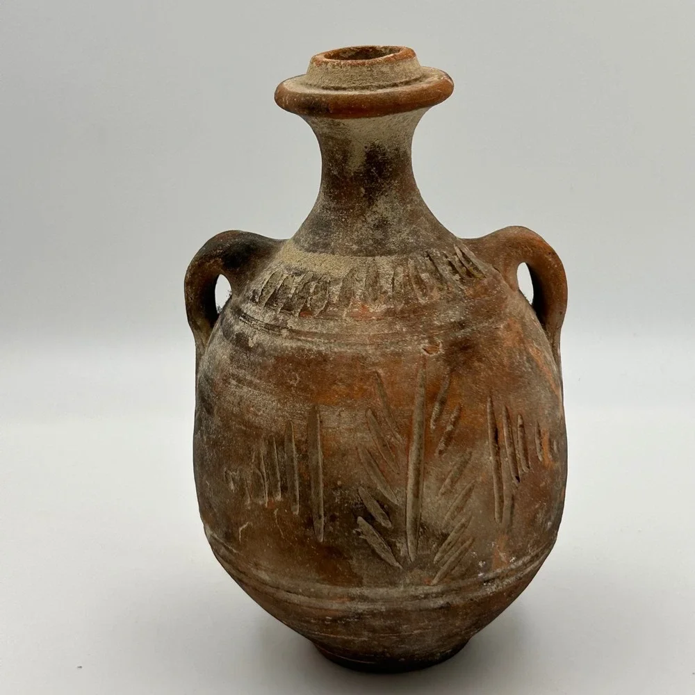 VTG Hand-Carved Terracotta Clay Jug Rustic Earthenware Amphora Wheat Pattern